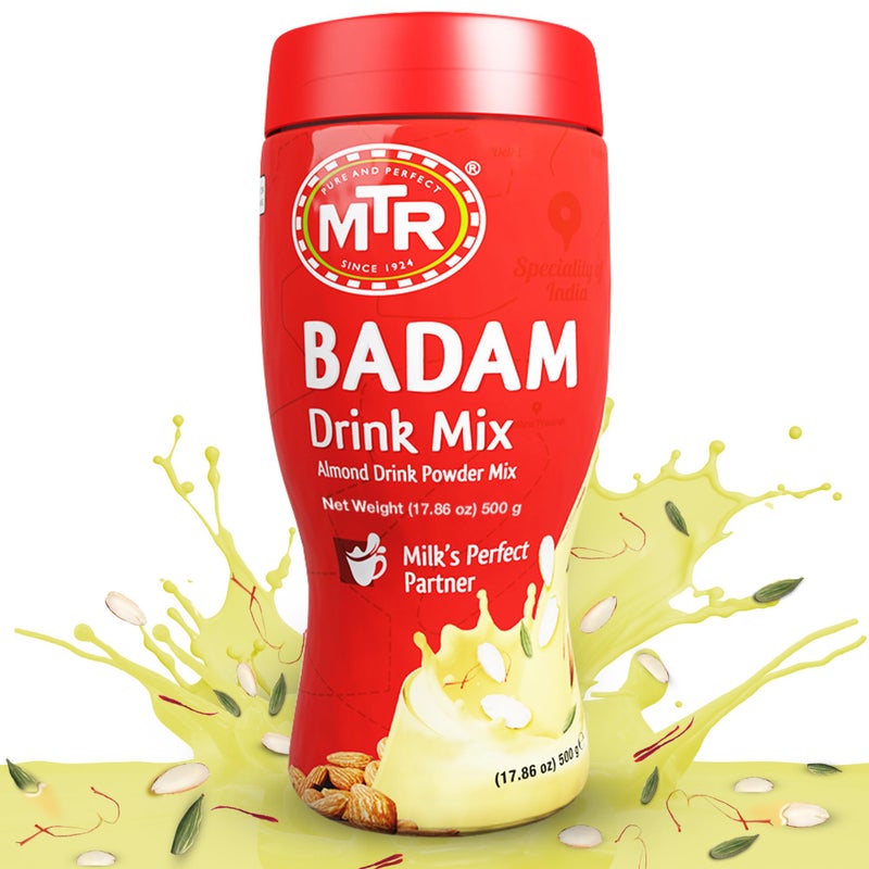 MTR Badam Drink Mix - 500g Pack of 1, Multi-purpose Drink Mix, Premium Almond Drink Mix made with select quality Almonds, Saffron & Cardamom, Authentic Indian Flavor, Quick & Easy to Prepare, Ideal for Desserts - Image 1